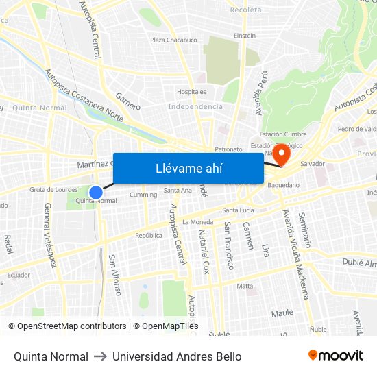 Quinta Normal to Universidad Andres Bello map