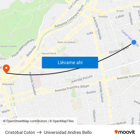 Cristóbal Colón to Universidad Andres Bello map