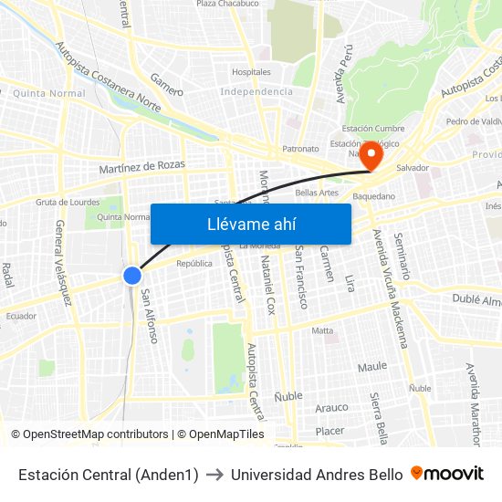 Estación Central (Anden1) to Universidad Andres Bello map