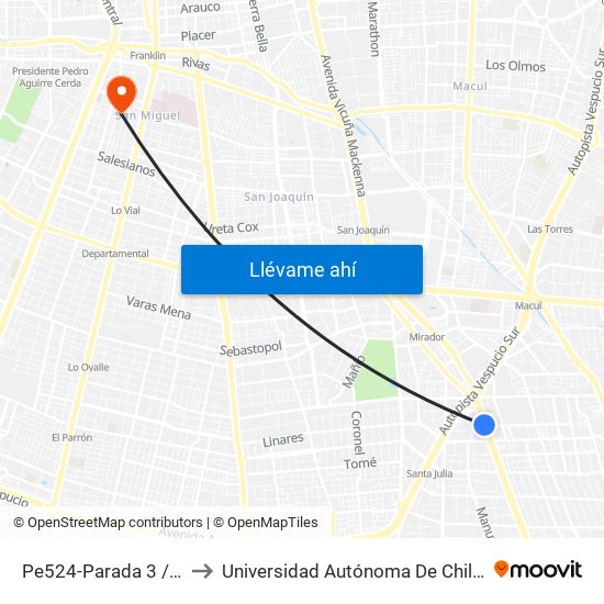 Pe524-Parada 3 / (M) Vicente Valdés to Universidad Autónoma De Chile - Sede El Llano Subercaseaux map