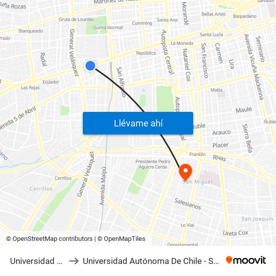 Universidad De Santiago to Universidad Autónoma De Chile - Sede El Llano Subercaseaux map