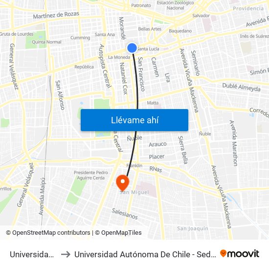 Universidad De Chile to Universidad Autónoma De Chile - Sede El Llano Subercaseaux map
