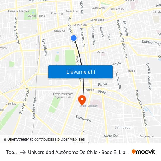 Toesca to Universidad Autónoma De Chile - Sede El Llano Subercaseaux map