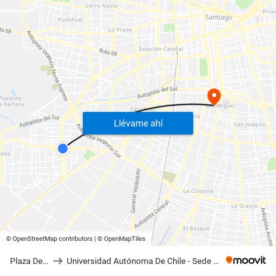 Plaza De Maipú to Universidad Autónoma De Chile - Sede El Llano Subercaseaux map