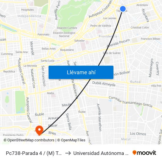 Pc738-Parada 4 / (M) Tobalaba to Universidad Autónoma De Chile map
