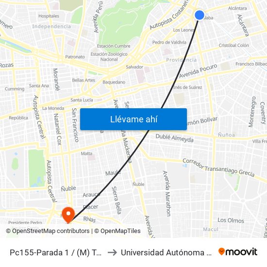 Pc155-Parada 1 / (M) Tobalaba to Universidad Autónoma De Chile map