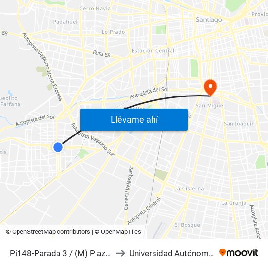 Pi148-Parada 3 / (M) Plaza De Maipú to Universidad Autónoma De Chile map
