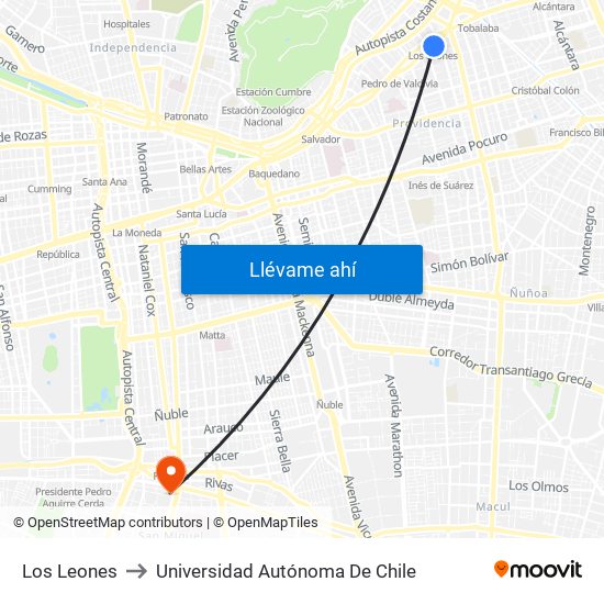 Los Leones to Universidad Autónoma De Chile map