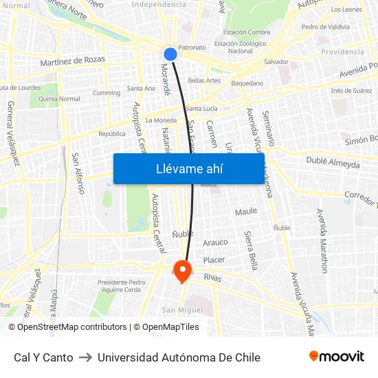 Cal Y Canto to Universidad Autónoma De Chile map