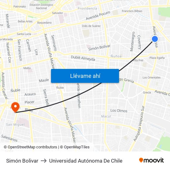 Simón Bolivar to Universidad Autónoma De Chile map