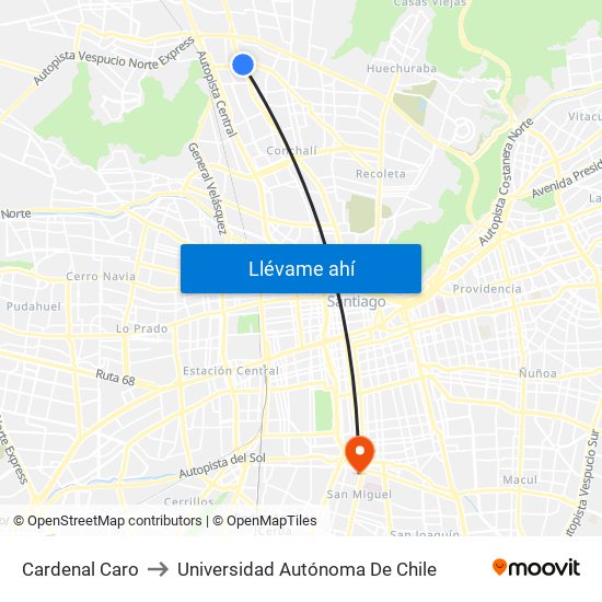 Cardenal Caro to Universidad Autónoma De Chile map