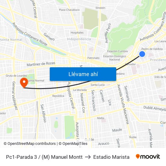 Pc1-Parada 3 / (M) Manuel Montt to Estadio Marista map