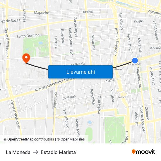 La Moneda to Estadio Marista map