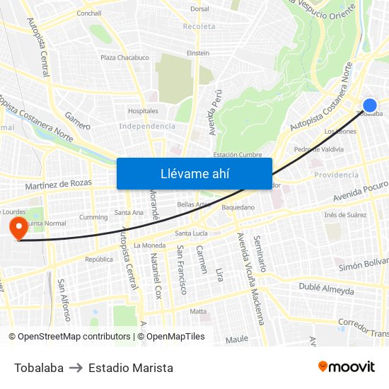 Tobalaba to Estadio Marista map