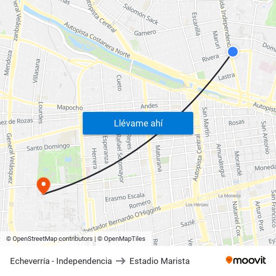 Echeverría - Independencia to Estadio Marista map