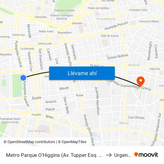 Metro Parque O'Higgins (Av. Tupper Esq. Av. Viel) to Urgencia map