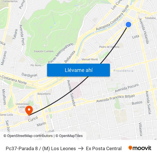 Pc37-Parada 8 / (M) Los Leones to Ex Posta Central map