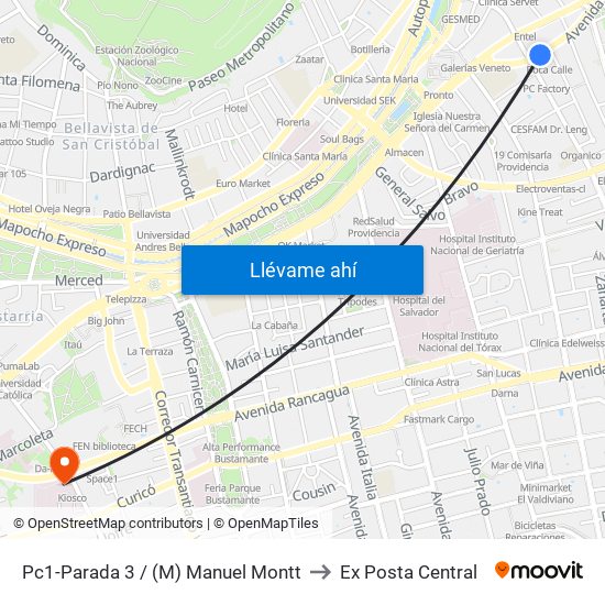 Pc1-Parada 3 / (M) Manuel Montt to Ex Posta Central map