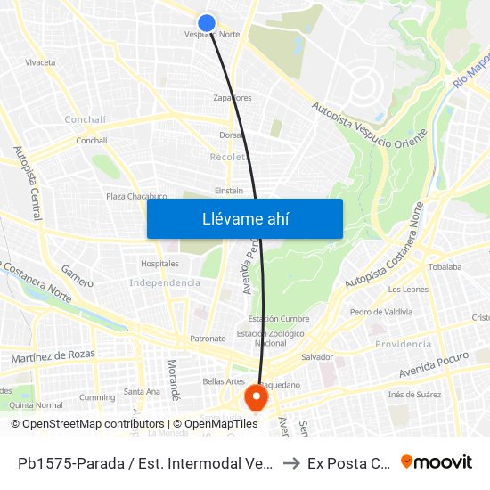 Pb1575-Parada / Est. Intermodal Vespucio Norte to Ex Posta Central map