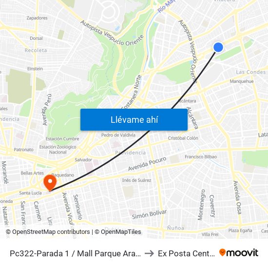 Pc322-Parada 1 / Mall Parque Arauco to Ex Posta Central map