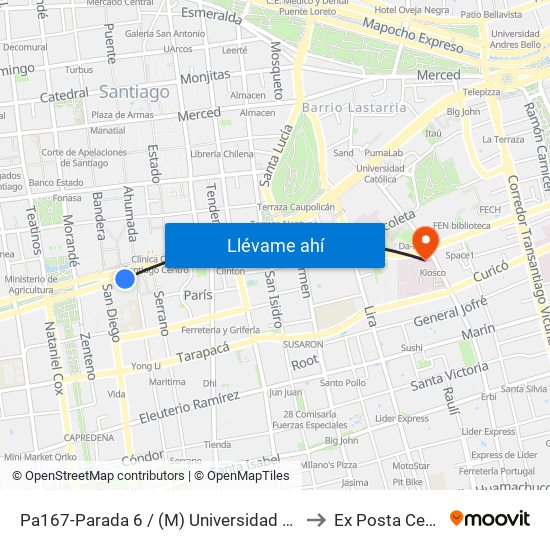 Pa167-Parada 6 / (M) Universidad De Chile to Ex Posta Central map