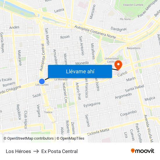 Los Héroes to Ex Posta Central map