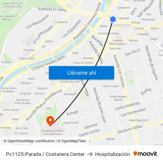 Pc1125-Parada / Costanera Center to Hospitalización map