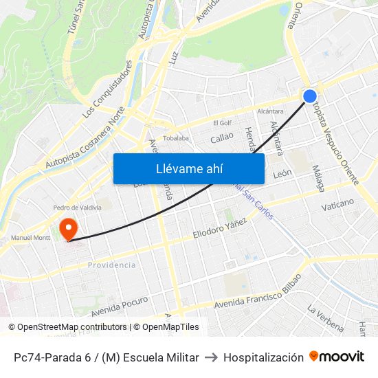 Pc74-Parada 6 / (M) Escuela Militar to Hospitalización map