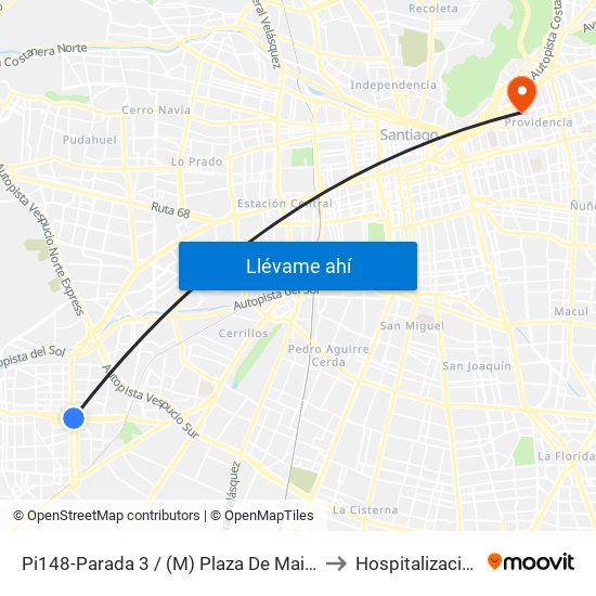 Pi148-Parada 3 / (M) Plaza De Maipú to Hospitalización map