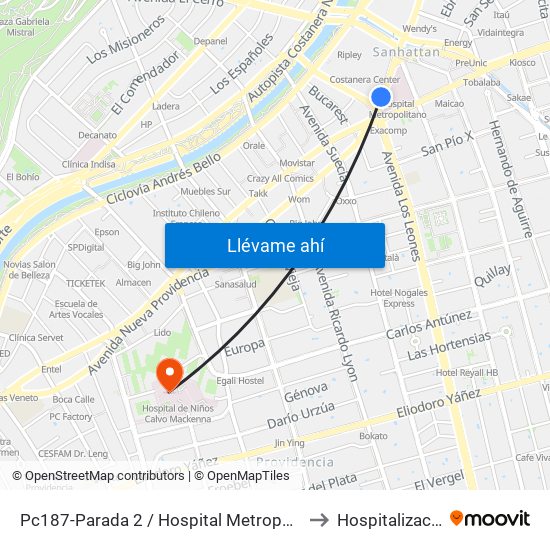 Pc187-Parada 2 / Hospital Metropolitano to Hospitalización map