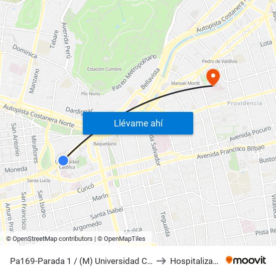 Pa169-Parada 1 / (M) Universidad Católica to Hospitalización map