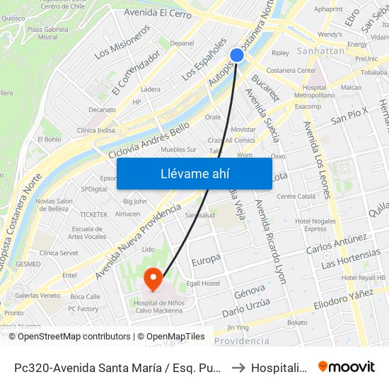 Pc320-Avenida Santa María / Esq. Puente Los Leones to Hospitalización map