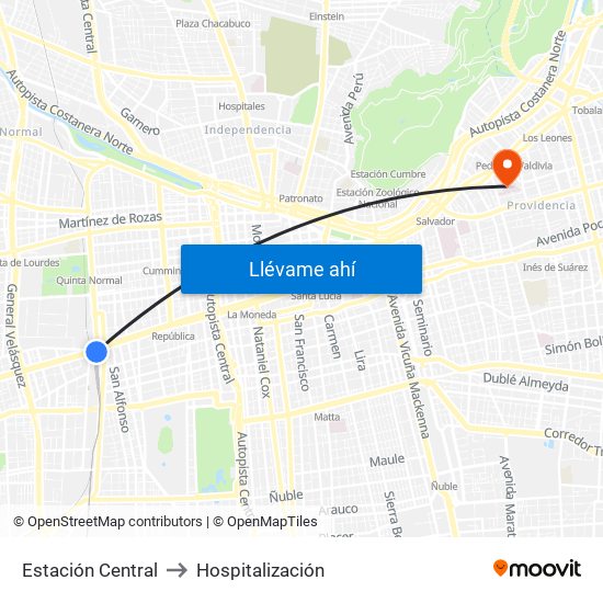 Estación Central to Hospitalización map