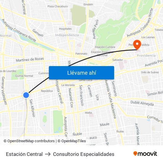 Estación Central to Consultorio Especialidades map