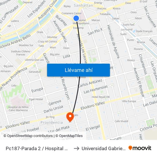 Pc187-Parada 2 / Hospital Metropolitano to Universidad Gabriela Mistral map