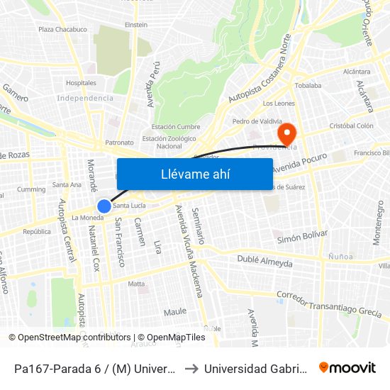 Pa167-Parada 6 / (M) Universidad De Chile to Universidad Gabriela Mistral map
