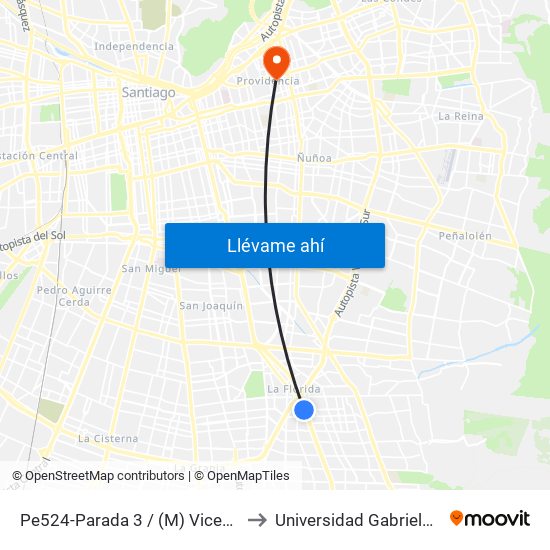 Pe524-Parada 3 / (M) Vicente Valdés to Universidad Gabriela Mistral map