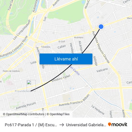 Pc617-Parada 1 / (M) Escuela Militar to Universidad Gabriela Mistral map
