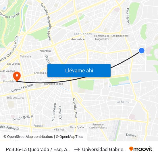 Pc306-La Quebrada / Esq. Avenida La Paz to Universidad Gabriela Mistral map