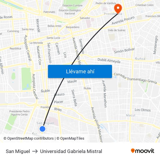 San Miguel to Universidad Gabriela Mistral map