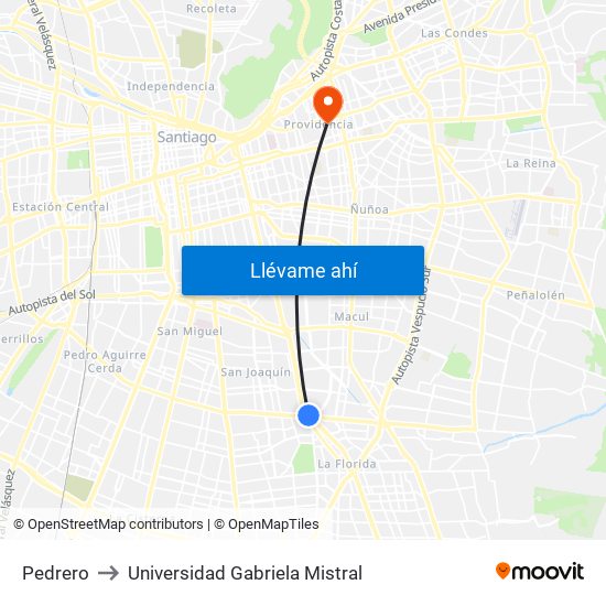 Pedrero to Universidad Gabriela Mistral map