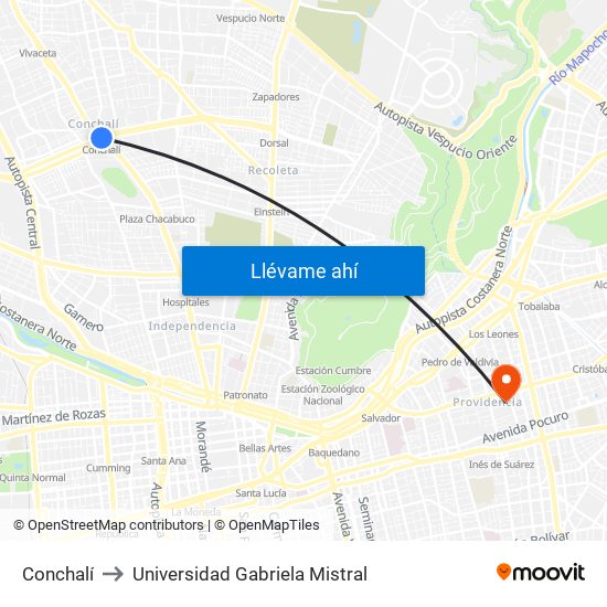 Conchalí to Universidad Gabriela Mistral map