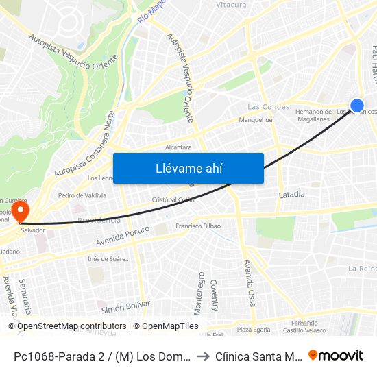 Pc1068-Parada 2 / (M) Los Dominicos to Cíinica Santa María map