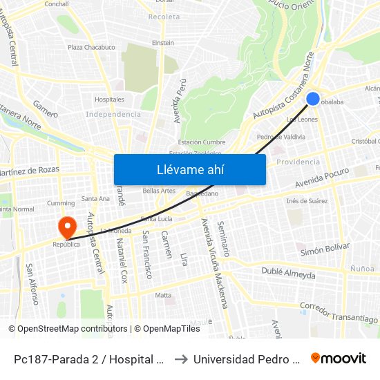 Pc187-Parada 2 / Hospital Metropolitano to Universidad Pedro De Valdivia map