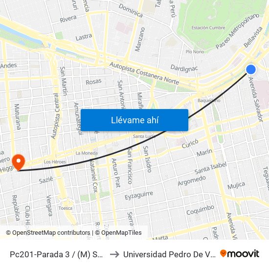 Pc201-Parada 3 / (M) Salvador to Universidad Pedro De Valdivia map