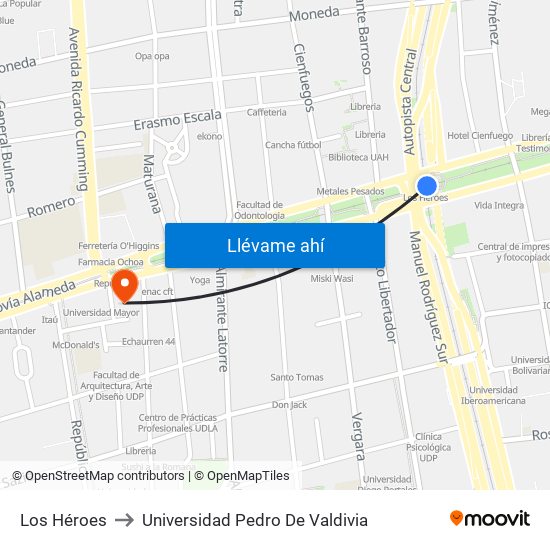 Los Héroes to Universidad Pedro De Valdivia map