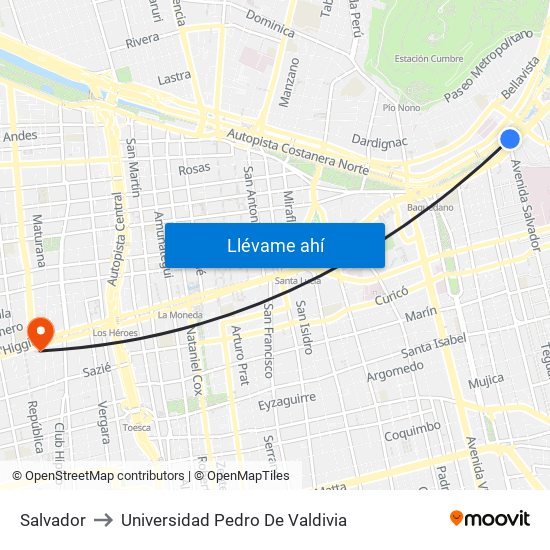 Salvador to Universidad Pedro De Valdivia map