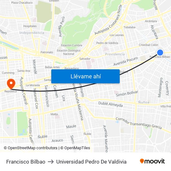 Francisco Bilbao to Universidad Pedro De Valdivia map