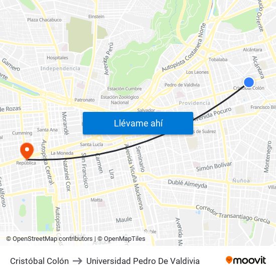 Cristóbal Colón to Universidad Pedro De Valdivia map