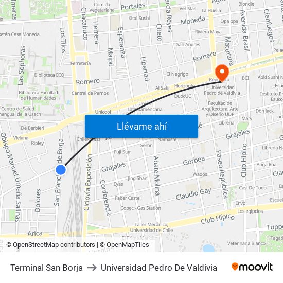 Terminal San Borja to Universidad Pedro De Valdivia map